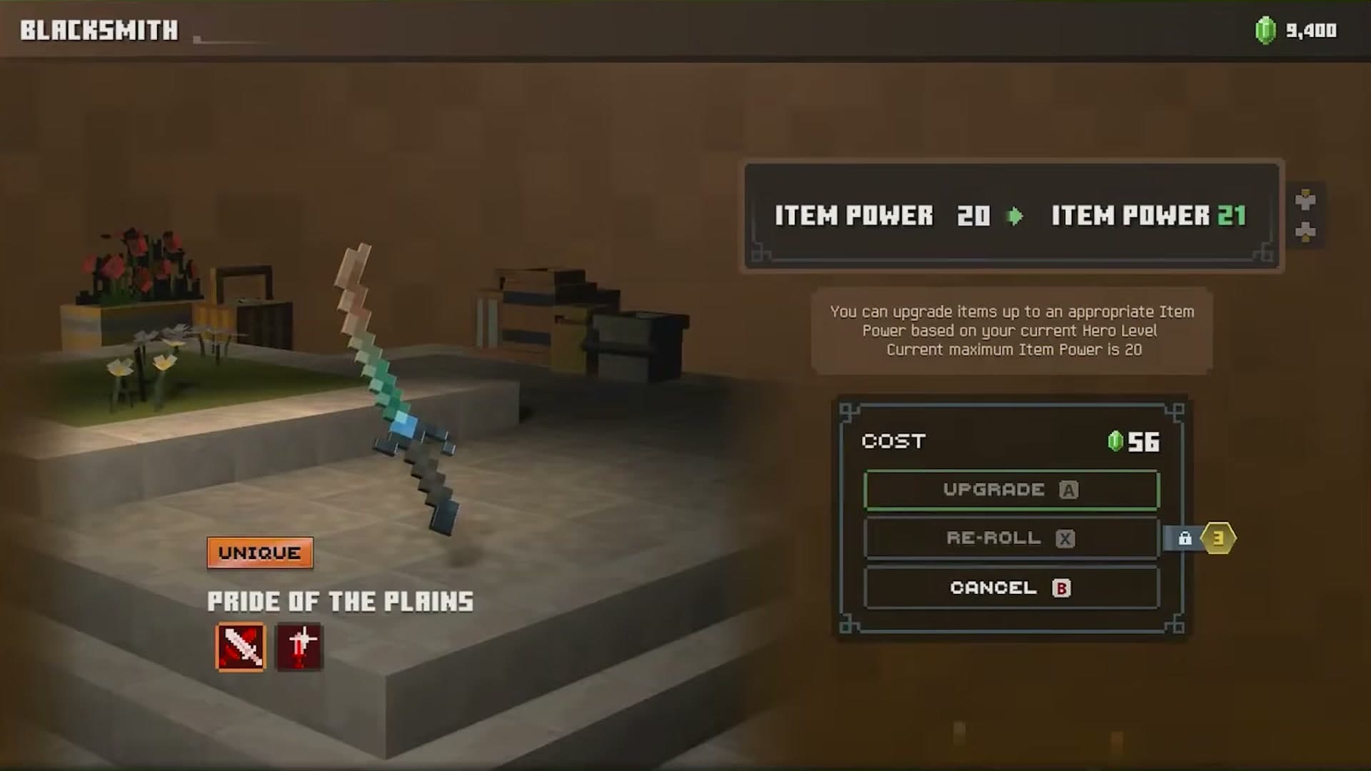 The upgrade panel states the rule — maximum item power is set by hero level, not by currency — and RE-ROLL sits behind a padlock marked 3 on this Merchant Level 1 Blacksmith.