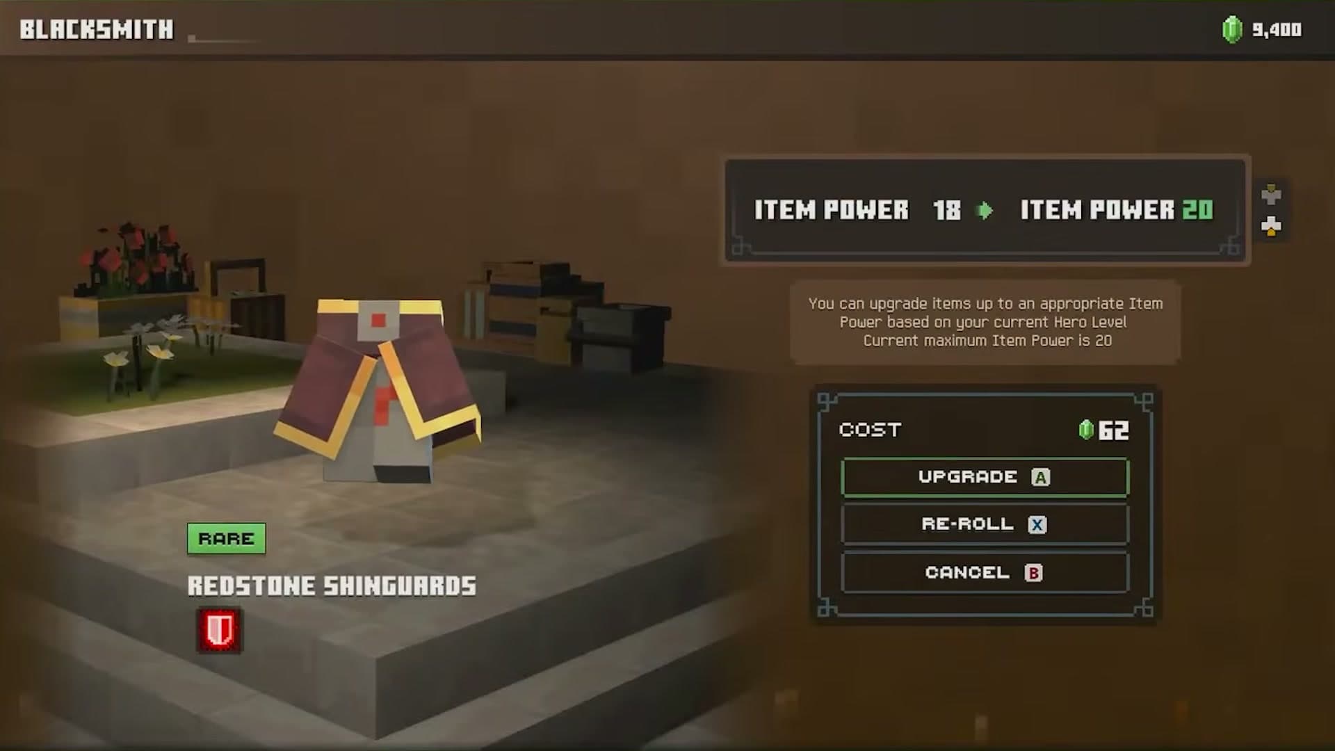 Redstone Shinguards, a Rare, priced at 62 emeralds to go from item power 18 to 20.
