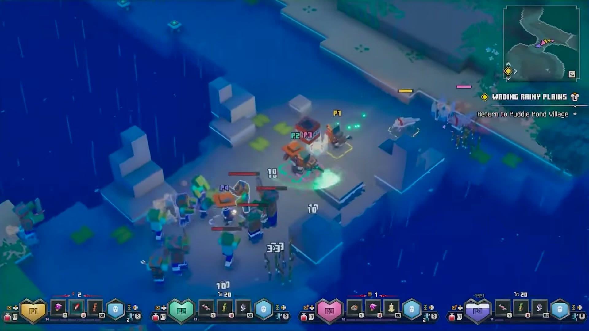 Four heroes in the demo build, labelled P1 to P4, each with their own HUD strip along the bottom of the screen.