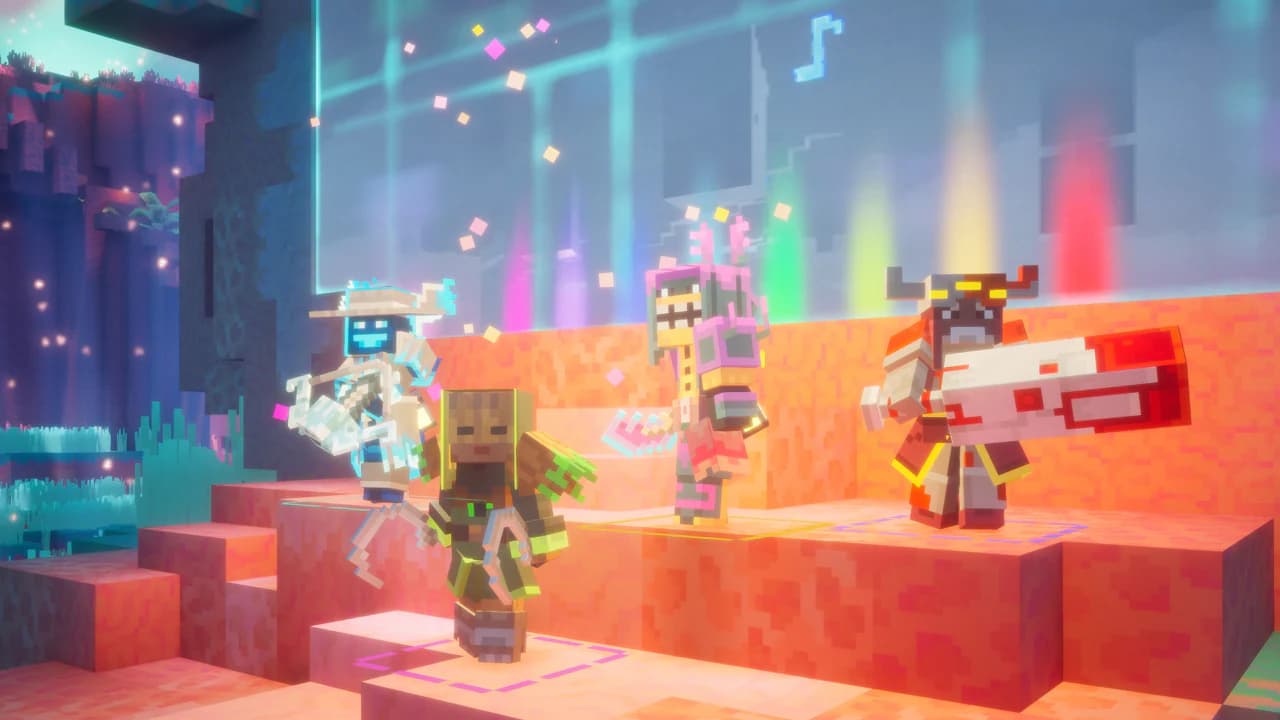 A four-hero party, each player marked by their own coloured selection ring.