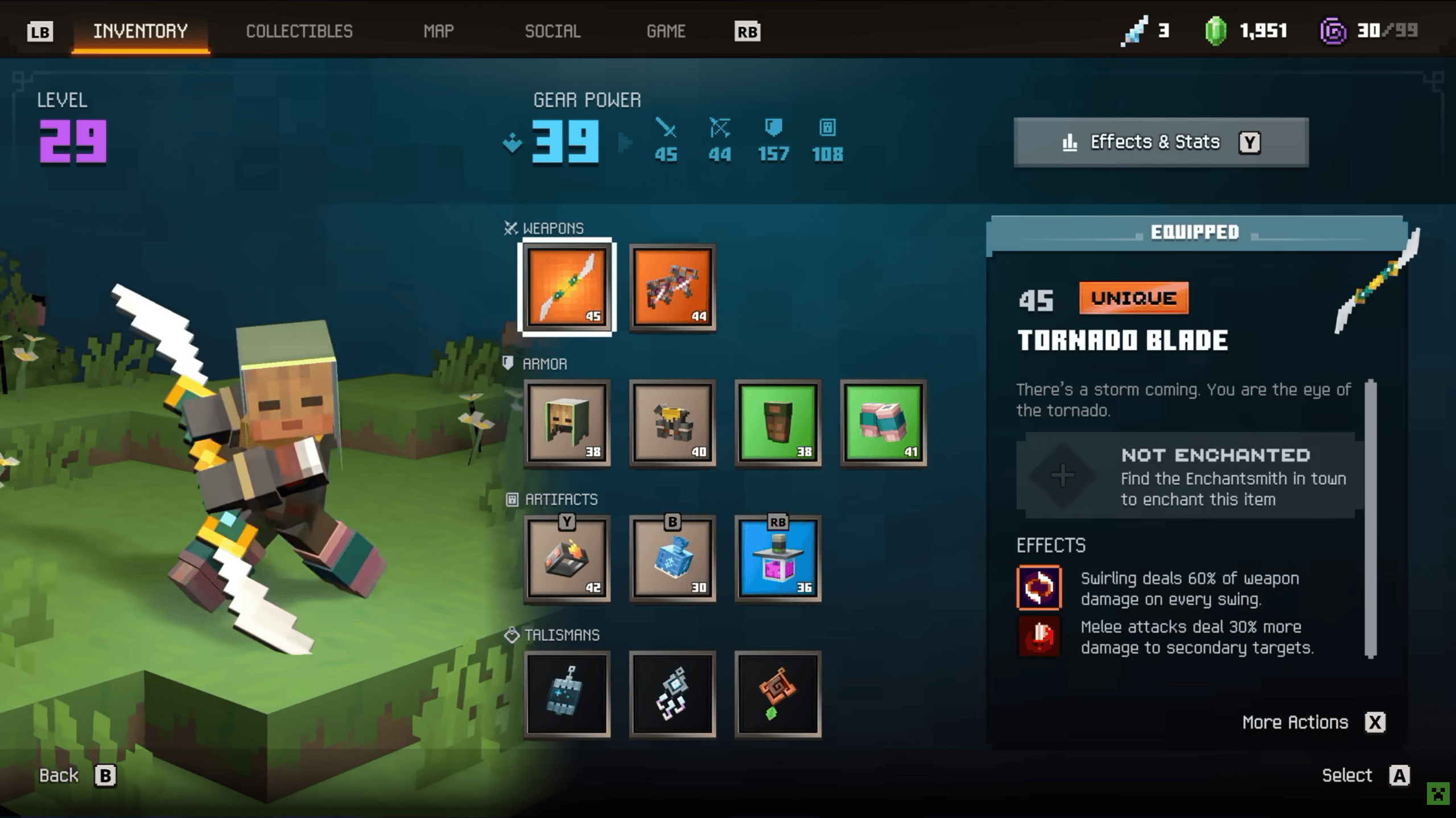 The inventory screen: weapons, four armour slots, artifacts and talismans.