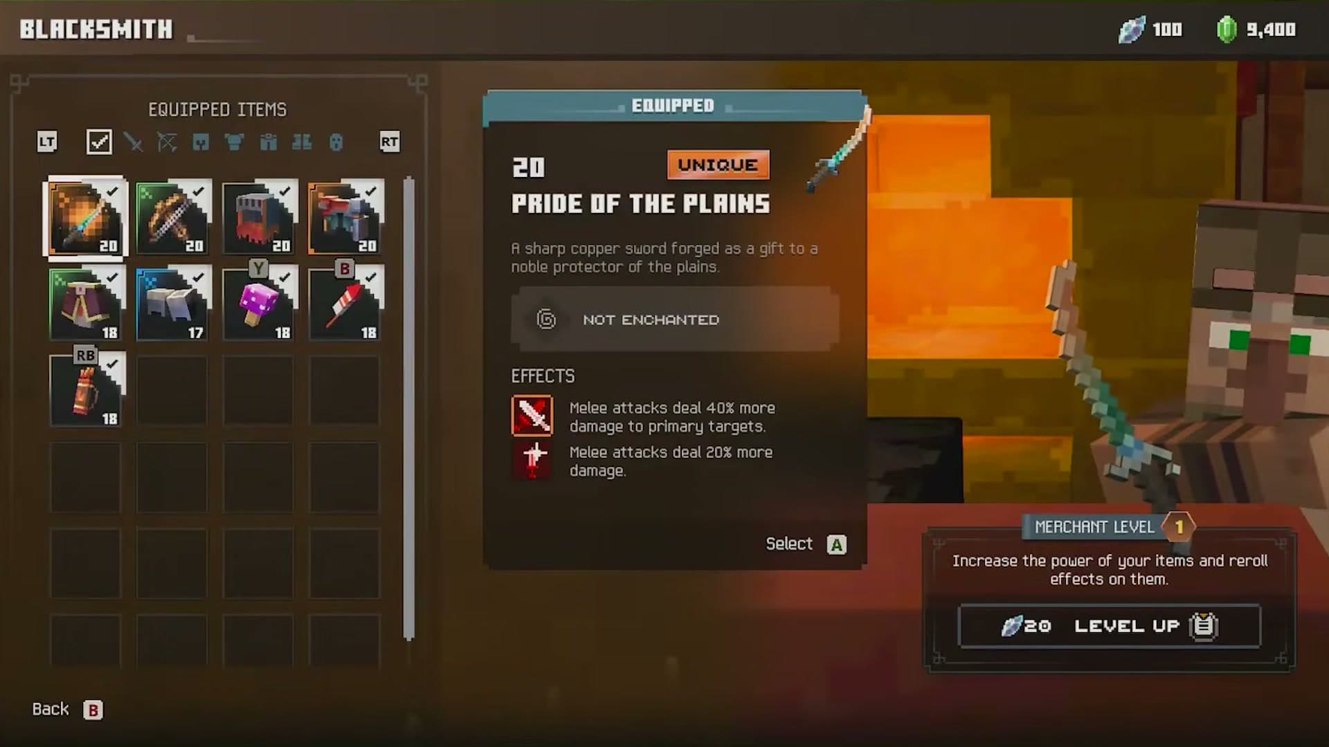 Pride of the Plains at the Blacksmith: a Unique at item power 20, with both of its effects listed — 40% more damage to primary targets, and 20% more damage overall.
