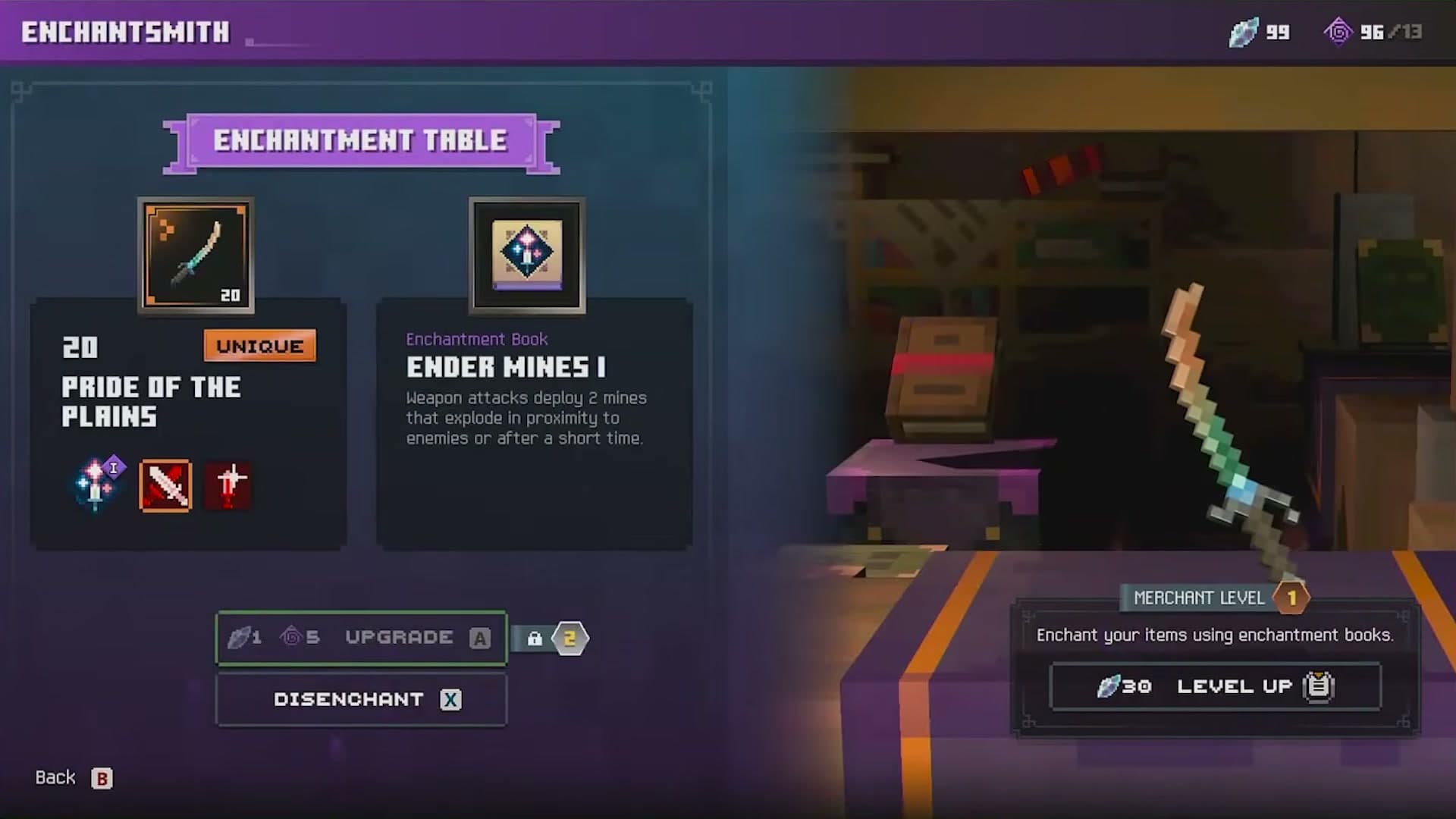 Ender Mines I on Pride of the Plains. The upgrade to tier II costs 1 emerald and 5 gold, and the tier above that is locked.