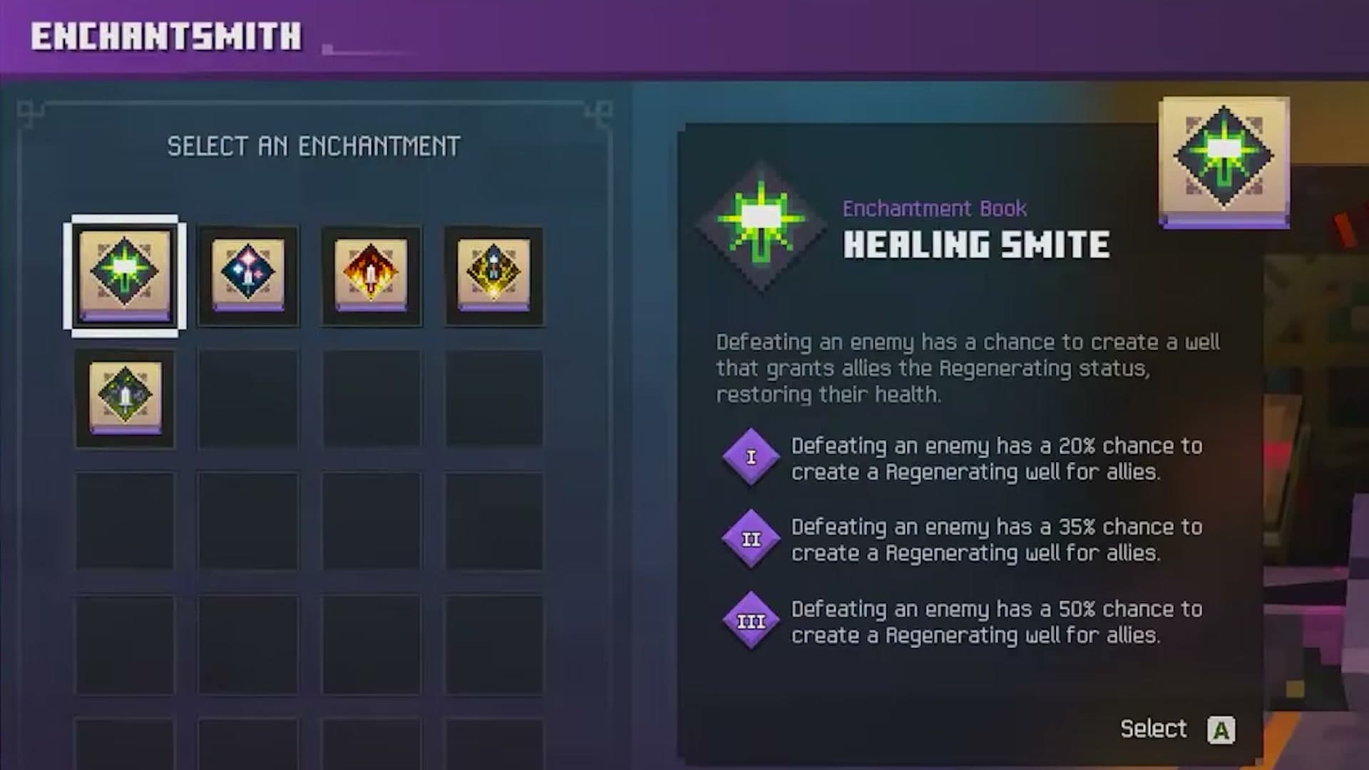 The Enchantsmith book list. Healing Smite is selected, and its three tiers read 20%, 35% and 50%.