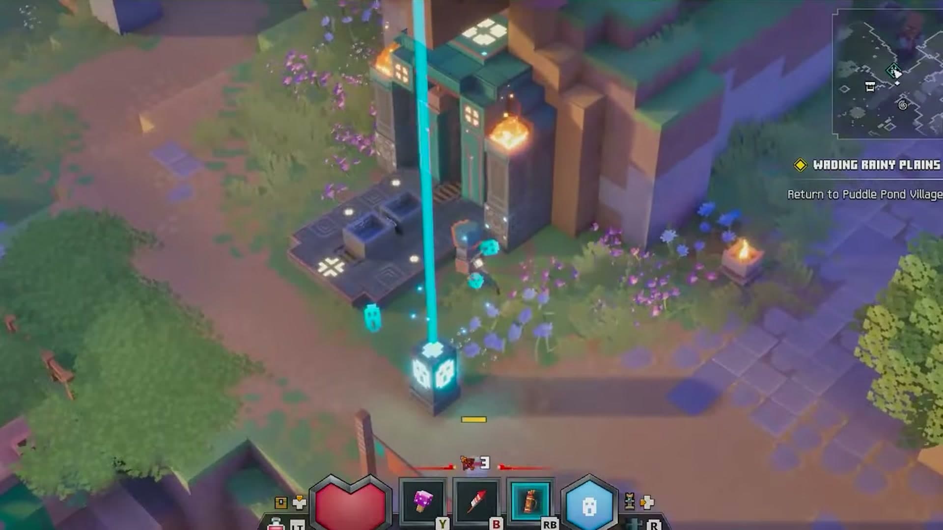 A beacon beam lit over a stone structure in Wading Rainy Plains, one of the regions the demo build's map lists.