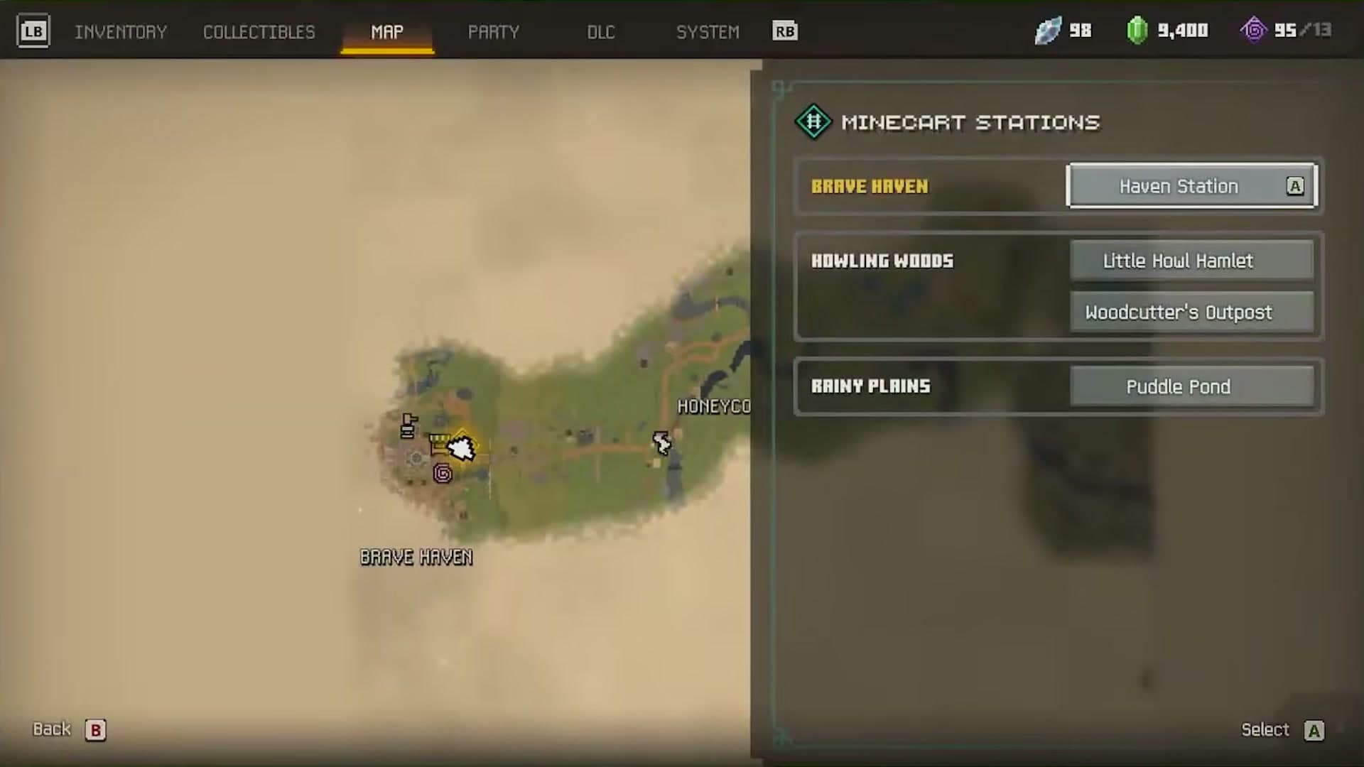 The MAP tab's Minecart Stations panel, grouping discovered stations under their region.