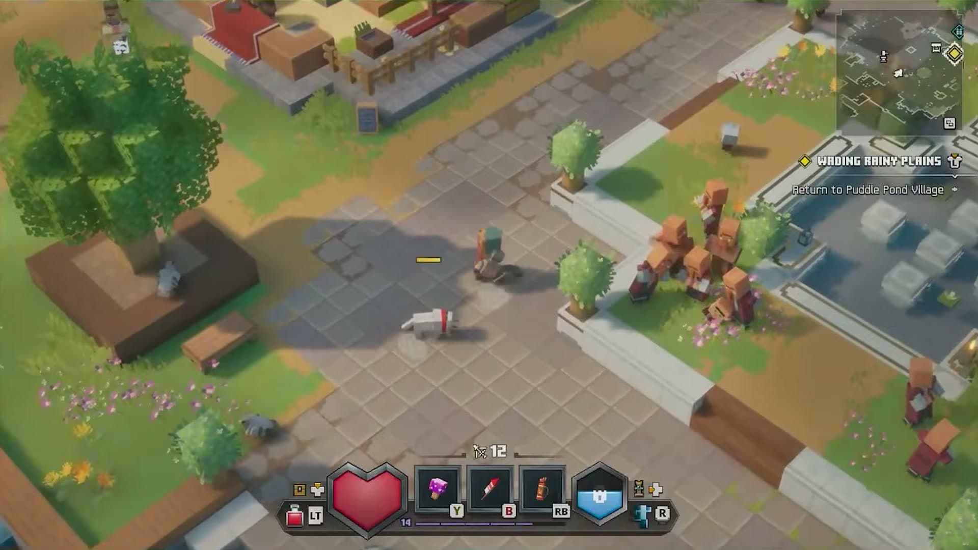 A wolf following the hero through a village in the demo build. Mojang named the Tasty Bone as the talisman that summons one; the footage does not name which talisman produced this wolf.