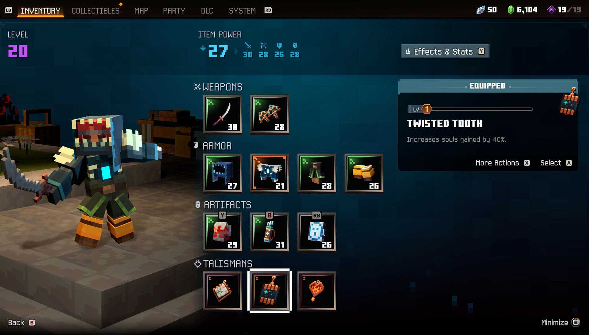 The inventory at hero level 20. Three talismans sit in their own row, and the equipped Twisted Tooth reads LV 1 with its effect beside it.