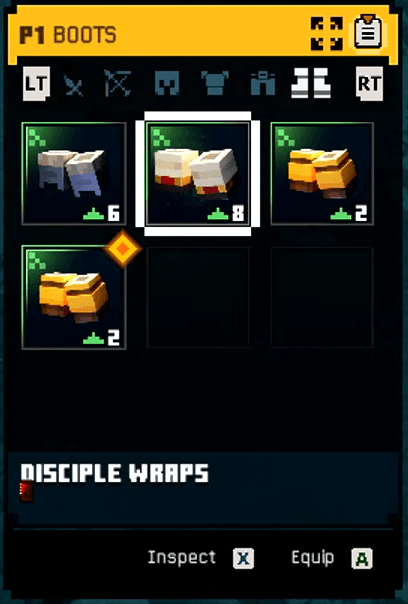 The boots slot open on its own, holding four pairs at item powers 6, 8, 2 and 2, with the Disciple Wraps selected. Each of the four armour slots has a picker like this.