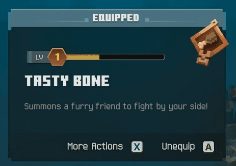 The Tasty Bone equipped, at LV 1: summons a furry friend to fight by your side.