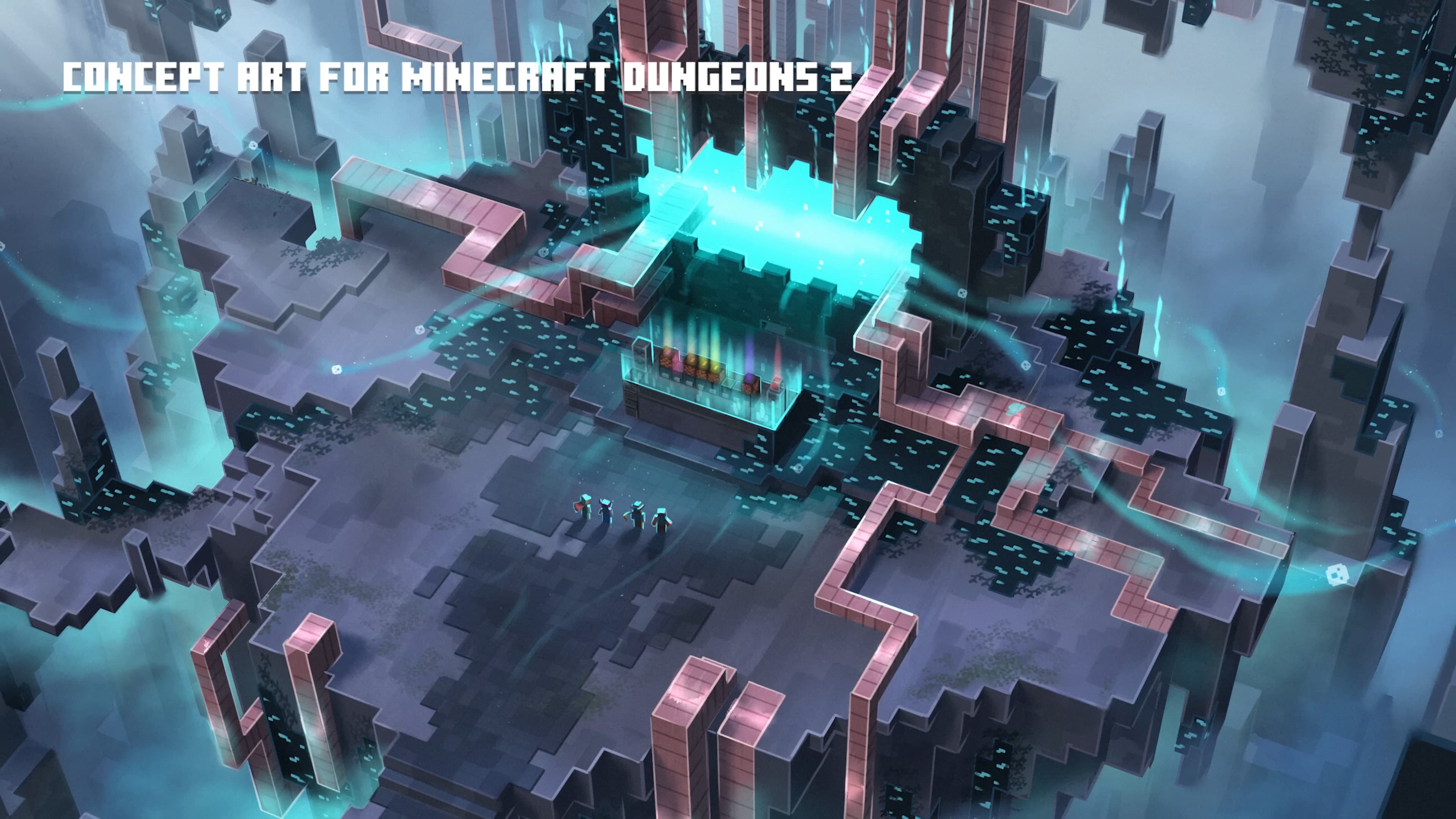Concept art for Minecraft Dungeons II. The rifts shown in the trailer lead into the Sift, a new dimension separate from the Overworld.