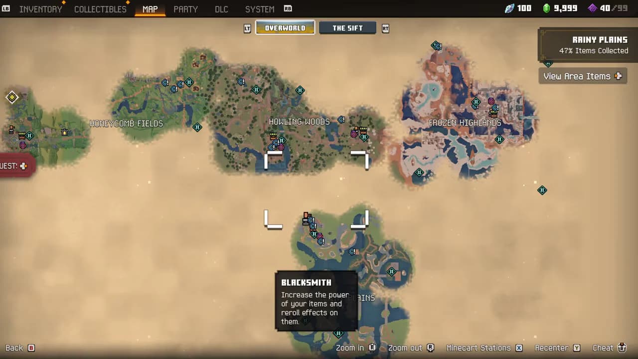 The Overworld map with the OVERWORLD / THE SIFT toggle, and per-region item tracking in the panel on the right.