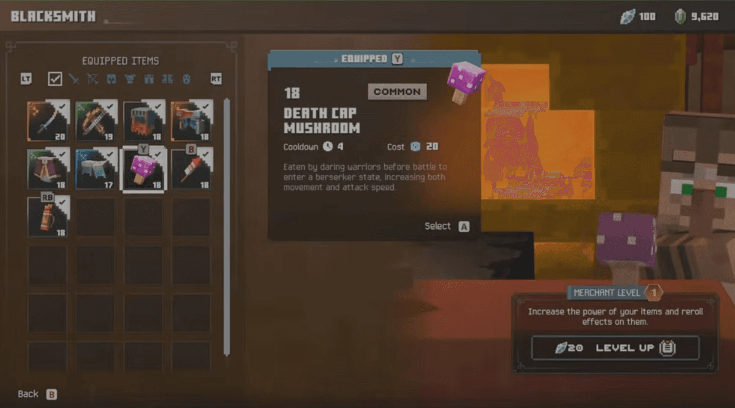 The Death Cap Mushroom at the Blacksmith: Common, item power 18, cooldown 4, cost 20 — eaten before battle for a berserker state raising movement and attack speed.