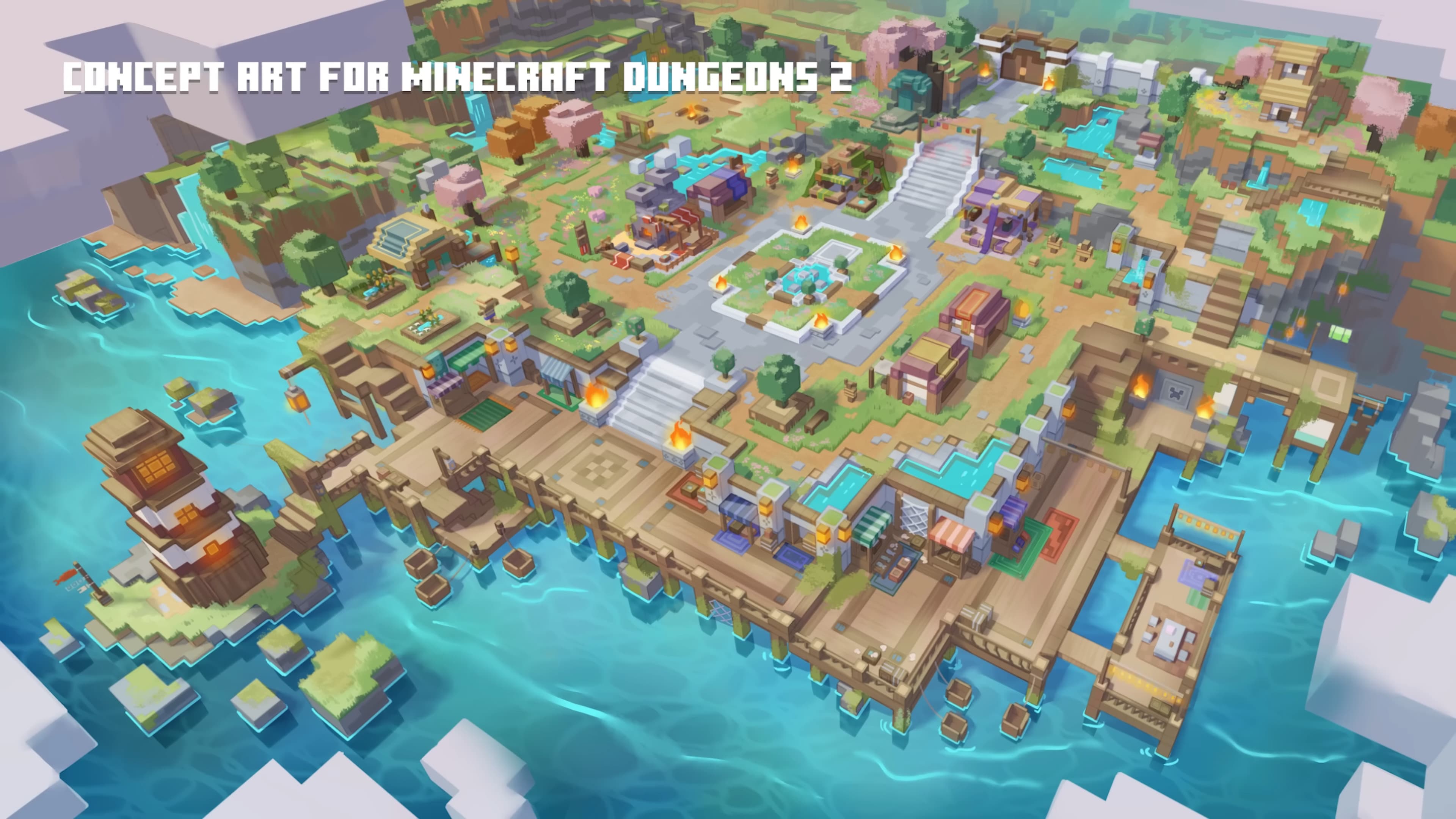 Concept art for a Dungeons II settlement, captioned as concept art in the artwork itself — a hub of shops and stalls built over water. Concept art is a design intention, not a finished location.